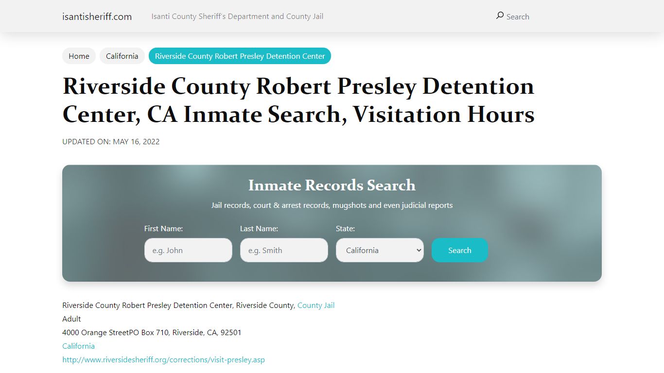 Riverside County Robert Presley Detention Center, CA Inmate Search ...