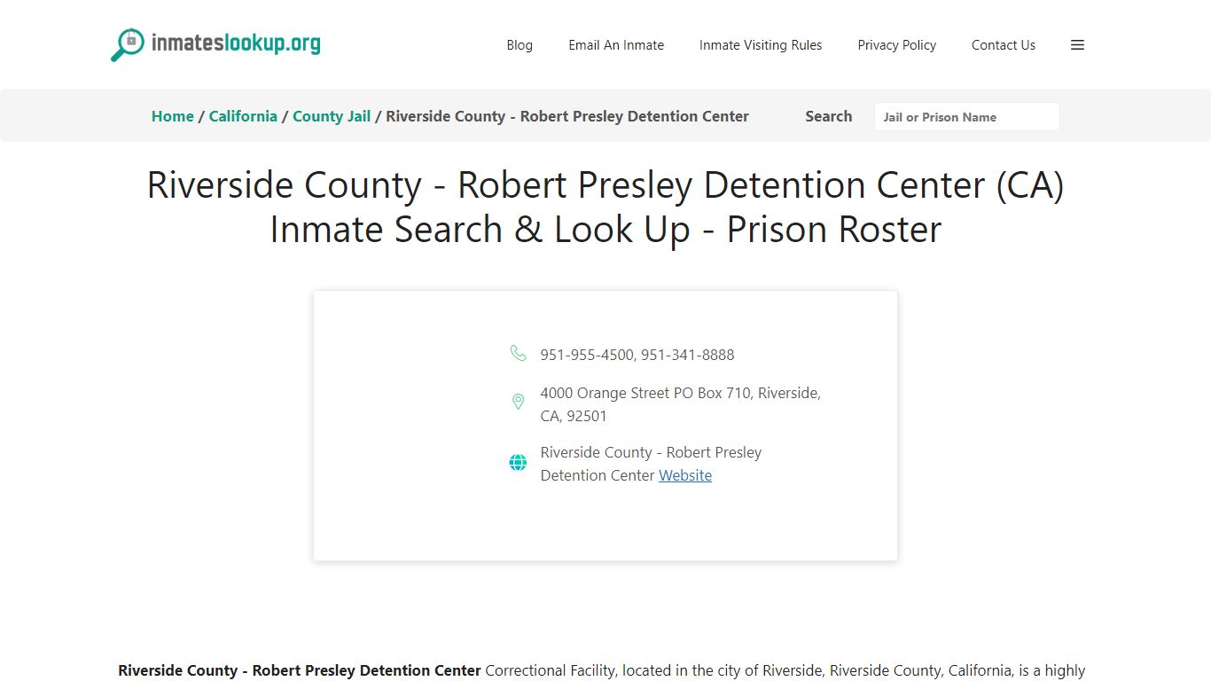 Riverside County - Robert Presley Detention Center (CA) Inmate Search ...